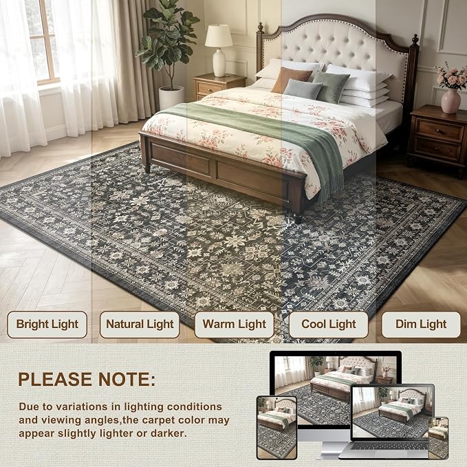 Grey Area Rug 10x14 for Living Room Bedroom | Low Pile; Non Slip;Machine - Image 2