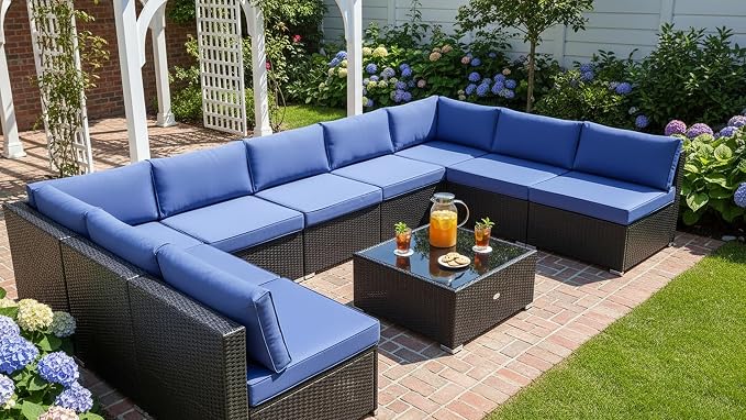 Tangkula 10 Pieces Patio Sofa Set, Outdoor Wicker Conversation Set - Image 2