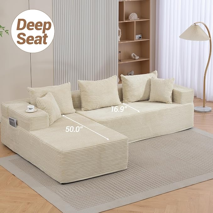 105'' Modular L-Shaped Boneless Sectional, Corduroy Deep Seat Cloud Sectional - Image 4