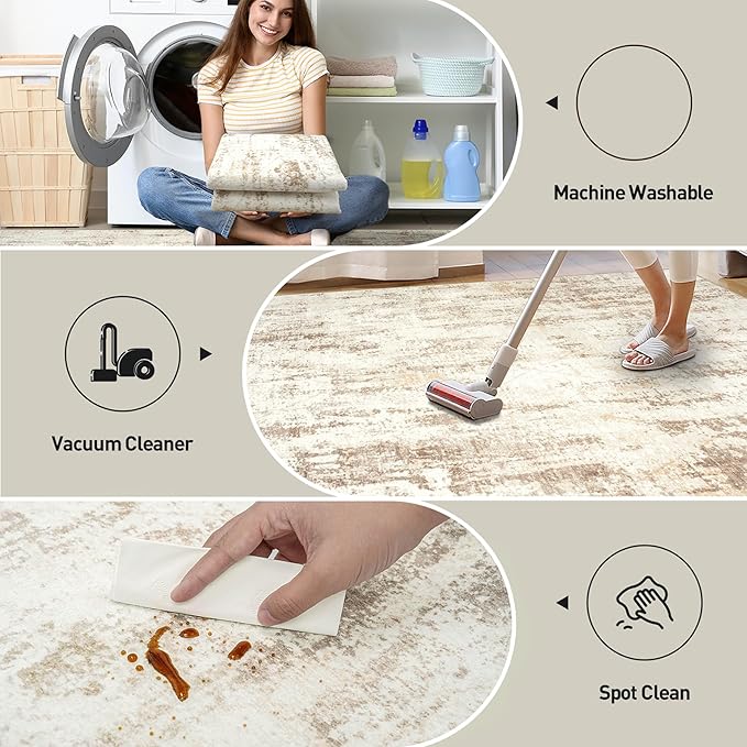 9x12 Area Rugs for Living Room: Washable Abstract Beige Grey Badroom Carpet | - Image 5