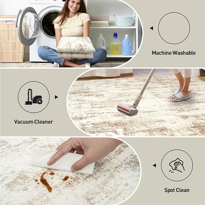 8x10 Area Rugs for Living Room: Washable Abstract Beige Grey Badroom Carpet | - Image 5