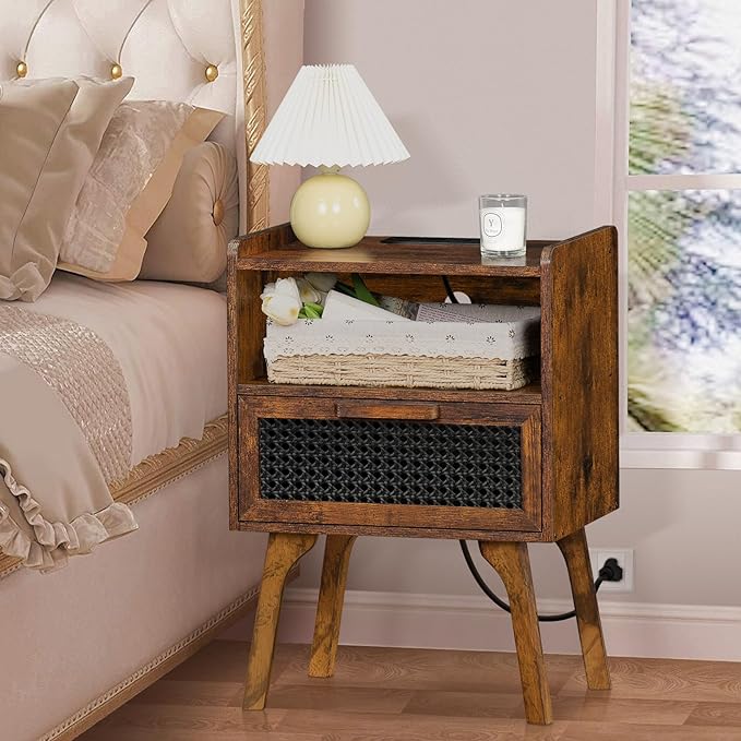 Lerliuo Rattan Nightstand with Charging Station, Side Table with Drawer Open - Image 4