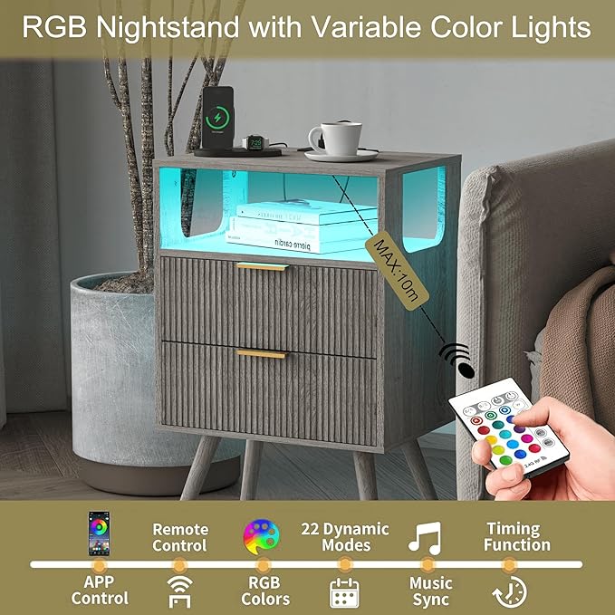 JOONEE Nightstand with Charging Station and LED Lights, Modern Bedside Table - Image 5