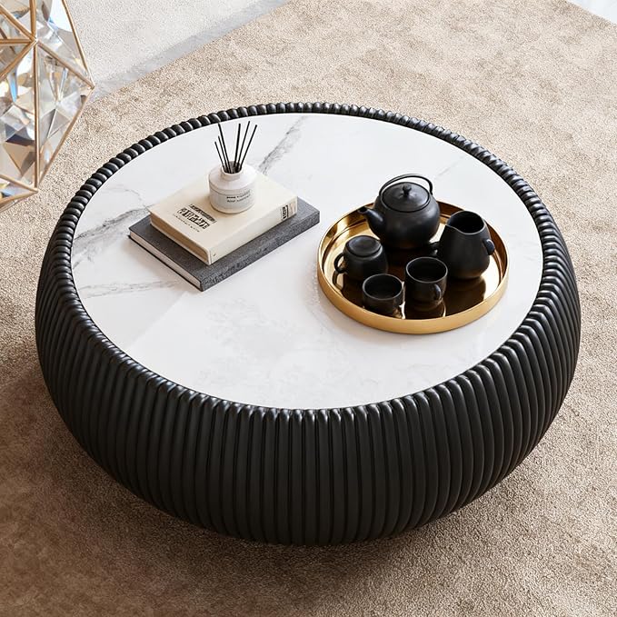 27.55" Round Marble Coffee Table, Modern Fluted Coffee Table - Image 3