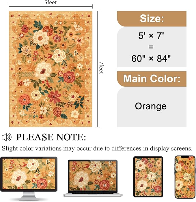 DUKINO 5x7 Area Rugs, Floral Washable Rug - Image 2
