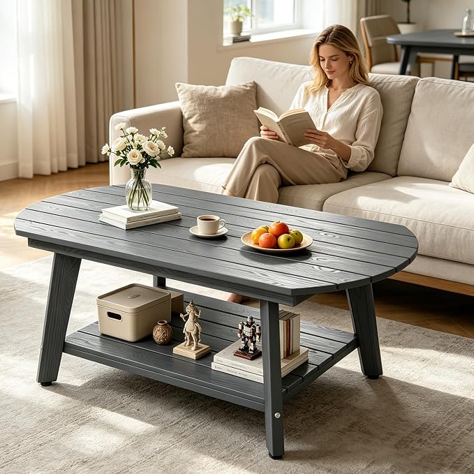 Oval Coffee Table with Open Storage Shelf, Dark Gray Wood Grain Sturdy Coffee - Image 4