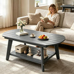Oval Coffee Table with Open Storage Shelf, Dark Gray Wood Grain Sturdy Coffee - Image 4