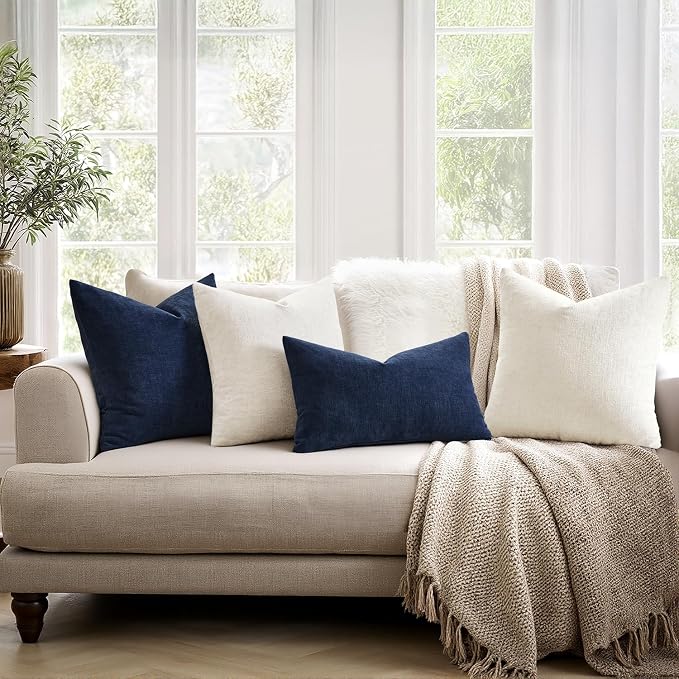 MIULEE Navy Chenille Couch Throw Pillow Covers, 20x20 | Set of 2, Soft Coastal - Image 3