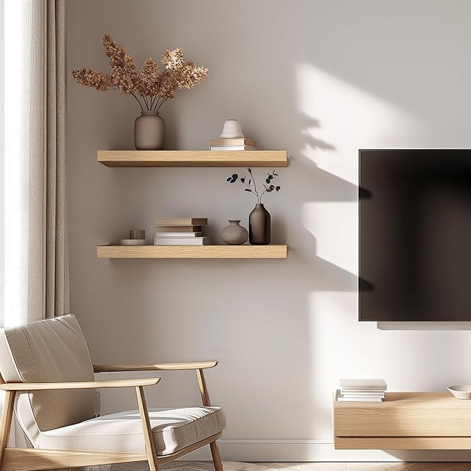 Oak Floating Shelves for Wall，24in Wall Mounted Display Ledge Shelves Perfect - Image 4