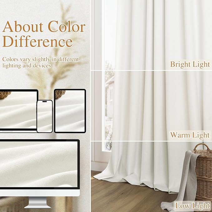 Ivory 100% Blackout Linen Curtains 95 Inch Length 2 Panels Set - Image 7