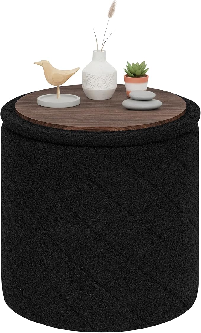 PINPLUS Ottoman with Stroage Round Boucle Ottoman and Tray Sherpa Removable by PINPLUS