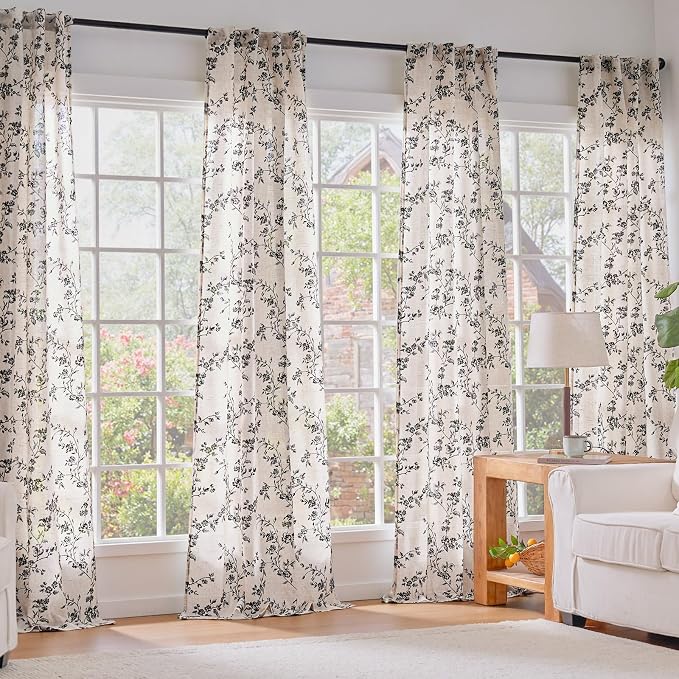 Black Vintage Floral Linen Curtains Farmhouse 38W X 63L 2 Panels | Elisa Series - Image 6