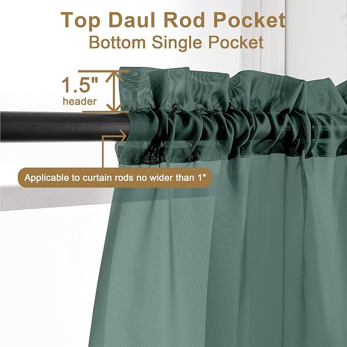 Chyhomenyc Sheer Curtains 63 Inch Length 2 Panels, Hunter Green | Light - Image 2