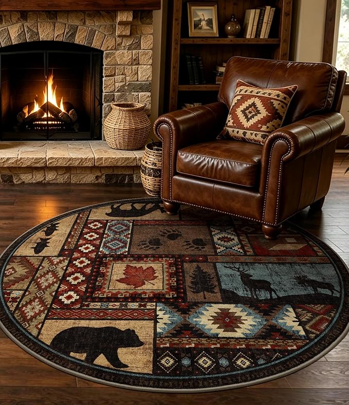 Rustic Round Rug 4ft, Washable Circle Rug by YIHOUSE