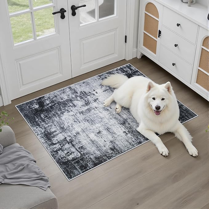 2x3 Washable Entryway Rug: Modern Abstract Soft Carpet Dark Black | - Image 2