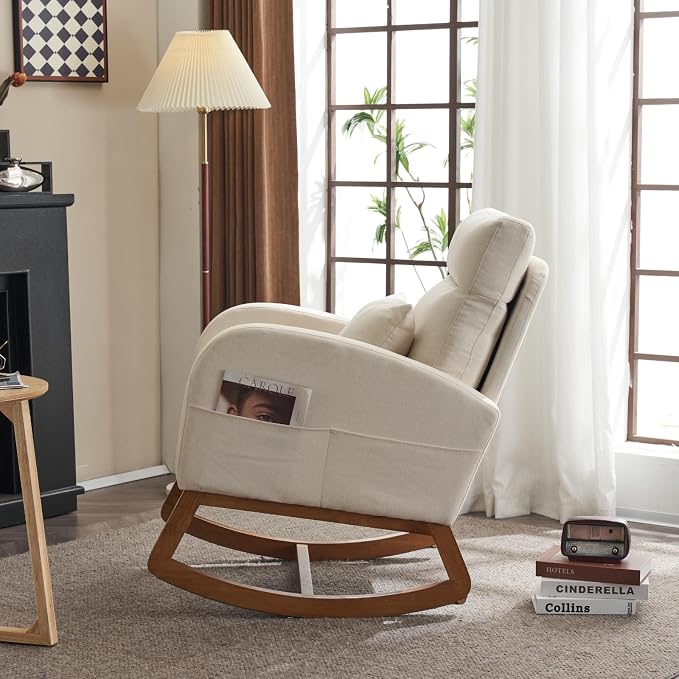 VINGLI Beige Linen Nursery Rocking Chair - Image 7