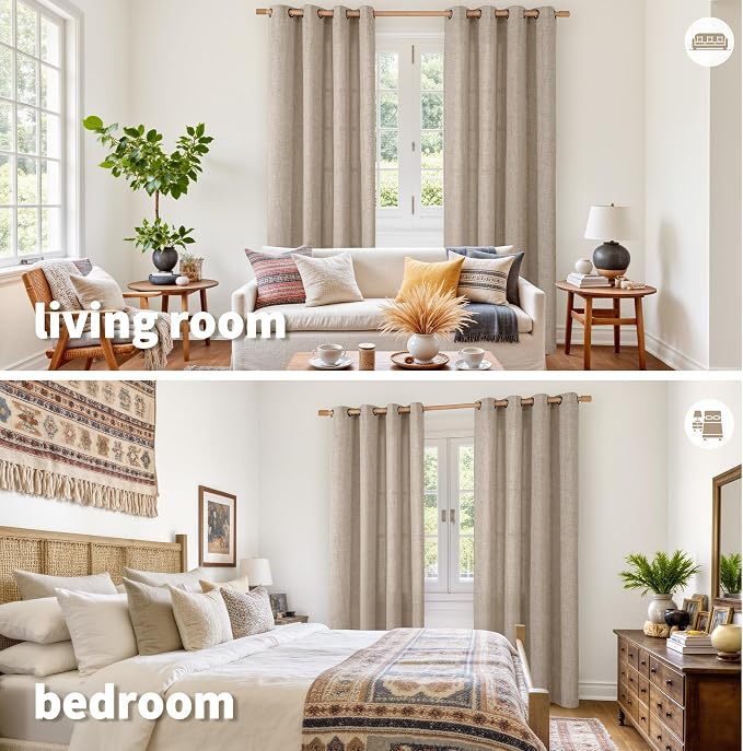 YoungsTex Oatmeal Burlap Linen Curtains 80 Inch Length 2 Panels Set | Light - Image 2
