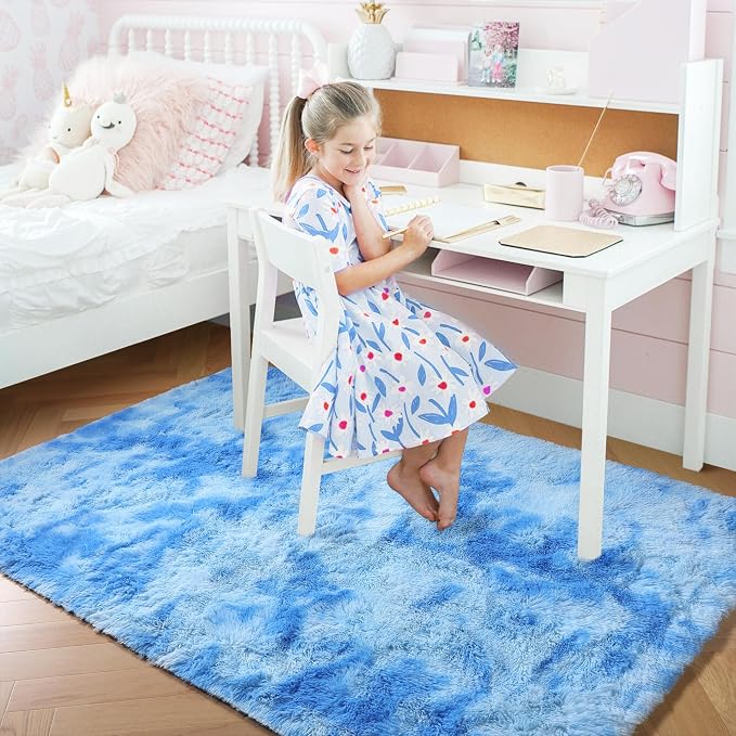 Amdrebio Tie-Dyed Light Blue Shaggy Kids Area Rug 4x6 - Image 3