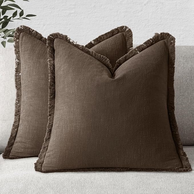 MIULEE Linen Fringe Decorative Fall Pillow Covers Chocolate Brown 26x26 | Set by MIULEE