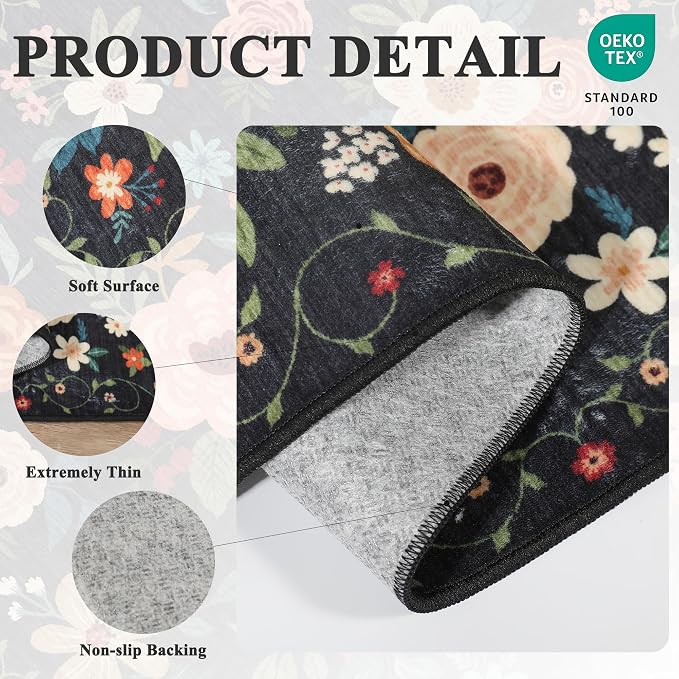 DUKINO 5ft Round Rug, Non Slip Floral Washable Small Circle Rug, Low Pile - Image 5