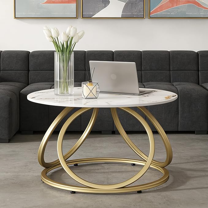 O&K FURNITURE Modern Gold Coffee Table, Faux Marble Pattern Center Table - Image 4