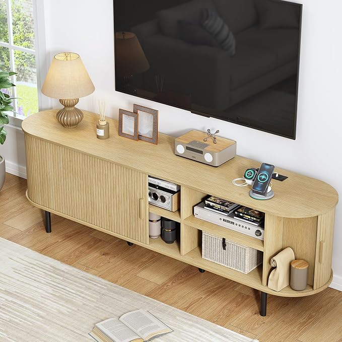 70.8" TV Stand with Power Outlet, Mid-Century Modern Television Stand, Fluted - Image 3