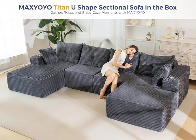 MAXYOYO 132" Giant U-Shaped Modular Sectional Couch, Modern Boneless Couch - Image 4