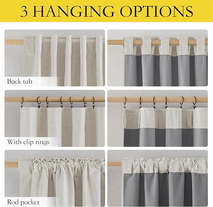 NICETOWN 100% Blackout Linen Curtains 102 inches Long 2 Panels, Thermal - Image 2