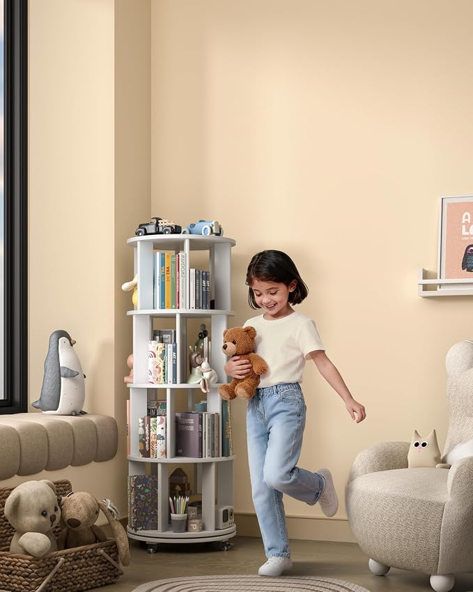 4-Tier Solid Wood Rotating Bookshelf on Wheels, 360° Spinning Book Shelf Tower - Image 8