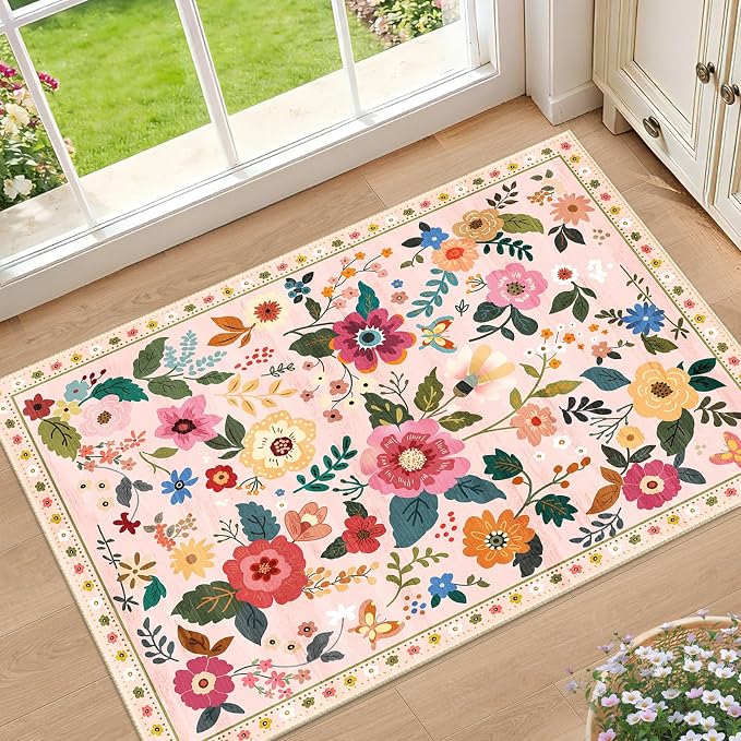 RELEANY Floral Washable 2x3 Area Rugs Doormat Pink | Flower Carpet Print Boho by RELEANY