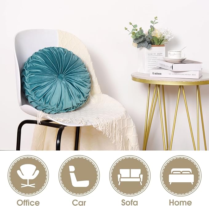 HIG Set of 2 Teal Velvet Decorative Round Pleated Throw Pillows | Vintage Floor - Image 4