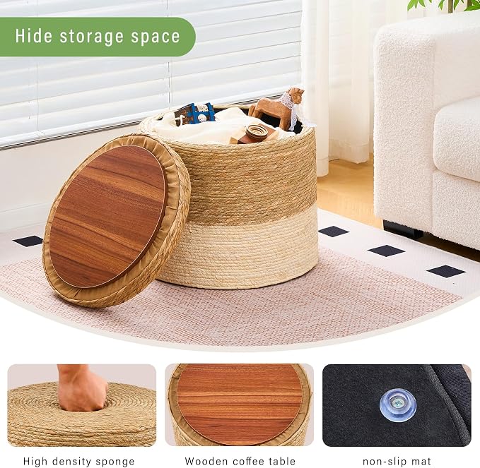 Wimarsbon Round Pouf Ottomans, Handwoven Natural Water Hyacinth Seagrass Pouffe - Image 6