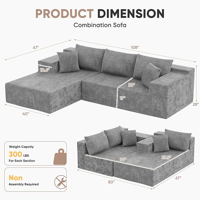 Homall 108" Modular Sectional Sofa, Boneless Couch - Image 2