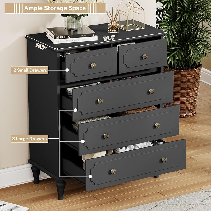 Black Dresser for Bedroom with 5 Drawers, Vintage Tall Dresser with Smooth - Image 3