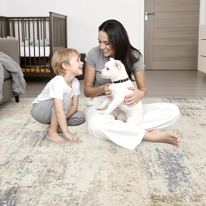 2.6x8 Washable Runner Rug：Modern Abstract Soft Carpet Beige Brown | - Image 2