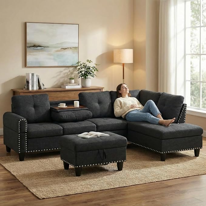 97.5" L Shaped Couch Set Linen, Modular Sectional Couches - Image 7