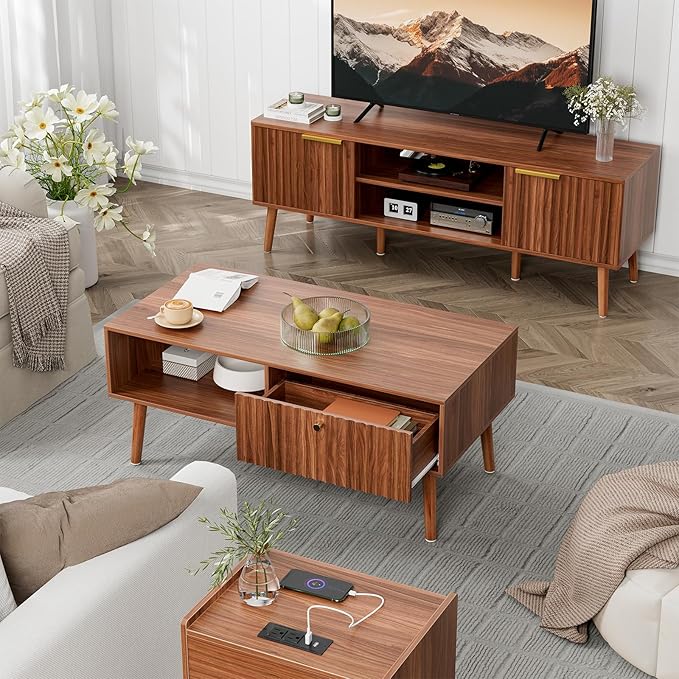 LCRBOL Coffee Table with Storage, Mid Century Dining Table with Fluted Drawer - Image 4