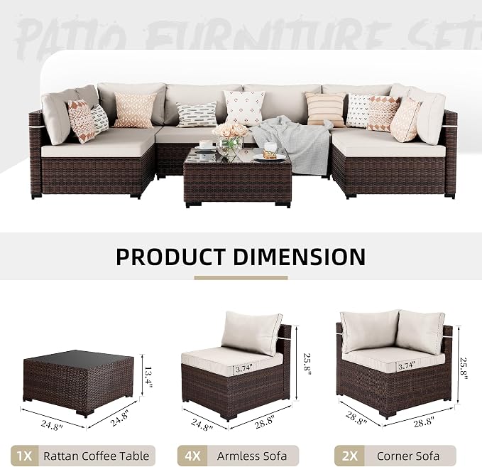UPHA 7 Pieces Patio Furniture Sets, Wicker Outdoor Sectional Sofa Couch - Image 2