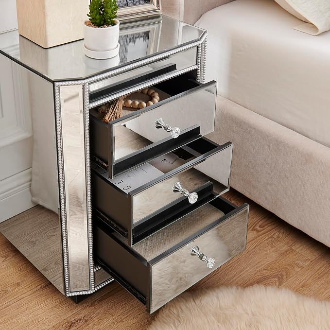 3-Drawer Mirrored Nightstand Bedside Table, Modern Mirrored End Side Table - Image 7
