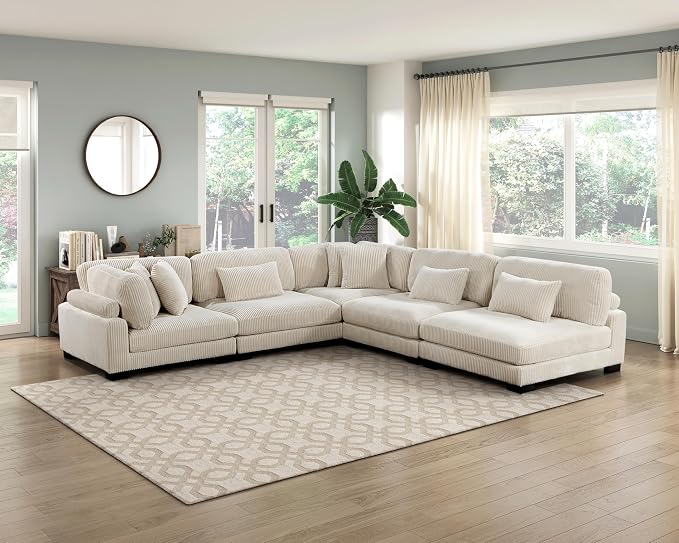 Modular Corner Seat, Plush Beige Corduroy Sofa, Customizable Living Room - Image 8