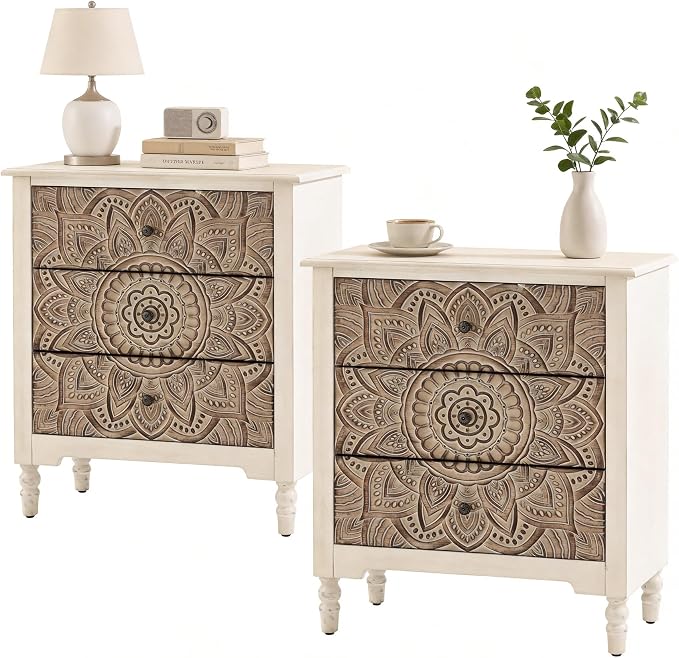 HOMPUS White 3 Drawer Dresser Set 2, Bedside Table Set of 2 by HOMPUS