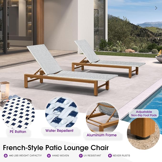 PURPLE LEAF Patio Chaise Lounge French Outdoor Lounger 1 Piece Matte Teak Grain - Image 7