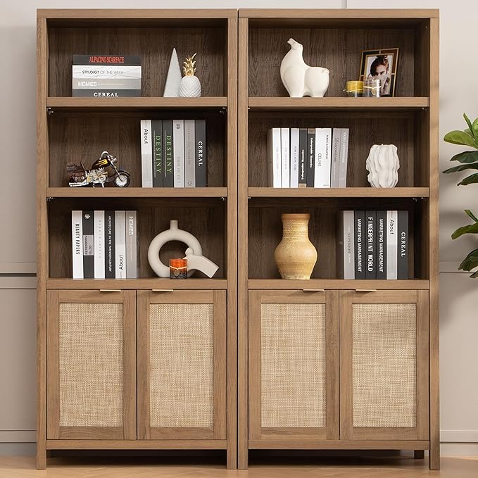 SICOTAS Bookcase 71" Tall Bookshelf 5 Tier Rattan Boho Bookcase by SICOTAS