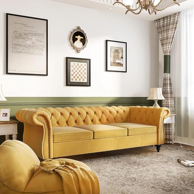 Mid-Century 3 Seater Sofa, Velvet Couch - Image 7