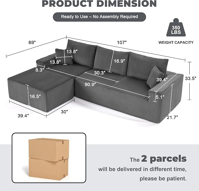 Weture 107" Modular Sectional Sofa, L-Shaped Boneless Couch - Image 2