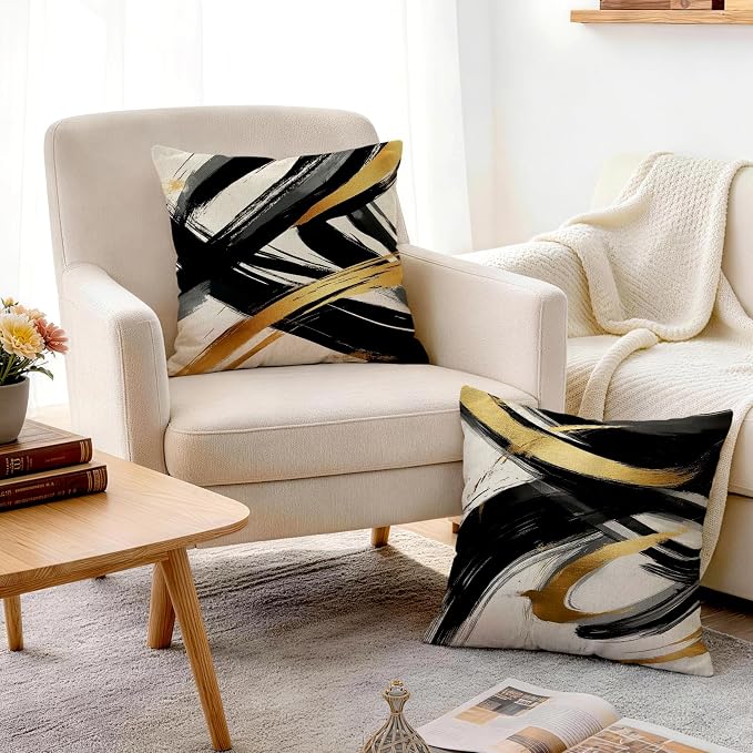 OBSEDE Abstract Black Gold Ink Brush Strokes Throw Pillow Covers 18 × 18 in - Image 7