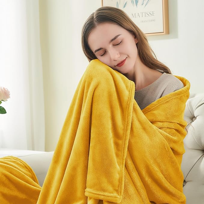 BEDELITE Fleece Blanket Soft Plush Queen Size Bed Blanket Yellow 90"x90" | - Image 3