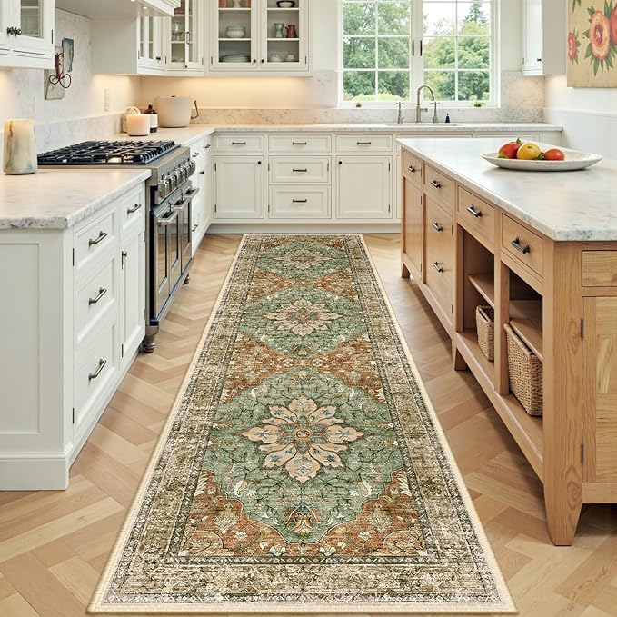RELEANY Washable Area Rug, Runner 2'x7', Brick/Brown/Green | Non-Slip, Water by RELEANY