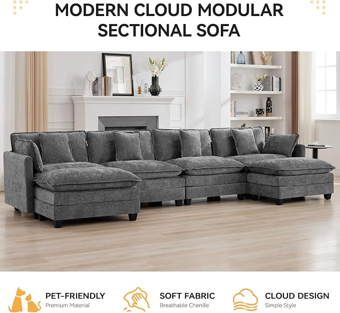 147'' Sectional Cloud Deep Seat Couch, Oversized Chenille U Shaped Sectional - Image 7