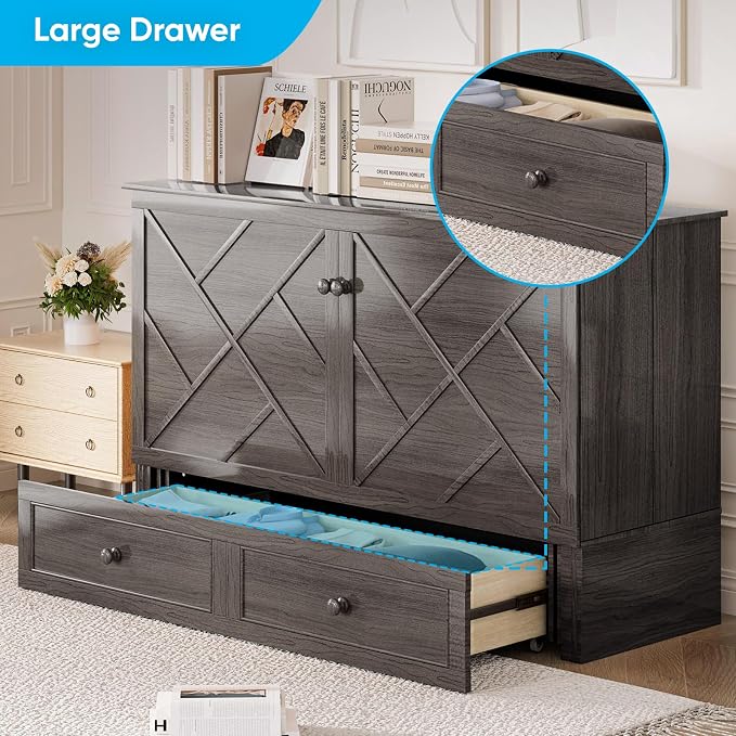 Mjkone Murphy Cabinet Bed Queen Size, Solid Wood Mobile Wall Beds Chest - Image 5